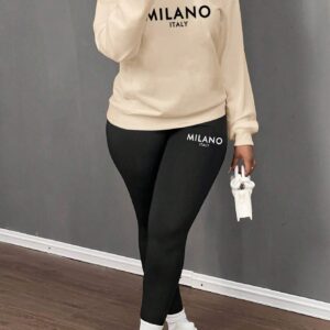 SHEIN طقم من قطعتين - بلوزة هوديي فضفاضة بطباعة كلمة عشوائية وسروال ضيق، مناسب للربيع/الخريف