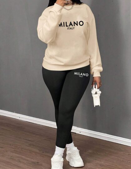 SHEIN طقم من قطعتين - بلوزة هوديي فضفاضة بطباعة كلمة عشوائية وسروال ضيق، مناسب للربيع/الخريف