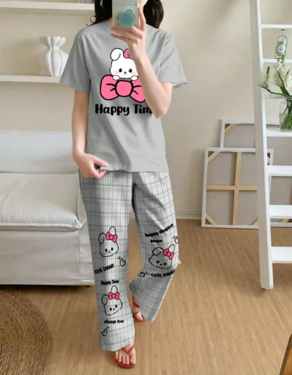 SHEIN مجموعة بيجاما متكونة من قميص جرافيك بشعار أرنب جميل و بنطال فضفاض مخطط، ملابس منزلية مريحة وعصرية