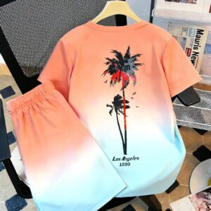 جديدطقم تي شيرت وشورت مطبوع بأشجار النخيل للمراهقين، إطلالة كاجوال ذات طابع استوائي مناسبة للربيع والصيف، متعددة الاستخدامات للارتداء اليومي والرياضة الخارجية