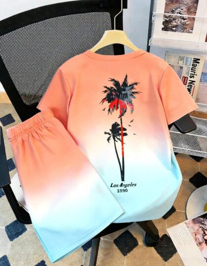 جديدطقم تي شيرت وشورت مطبوع بأشجار النخيل للمراهقين، إطلالة كاجوال ذات طابع استوائي مناسبة للربيع والصيف، متعددة الاستخدامات للارتداء اليومي والرياضة الخارجية