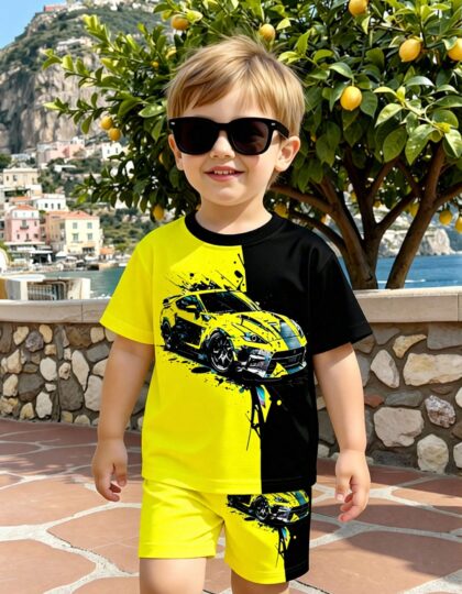 جديدمجموعة قميص وشورت للأولاد الصغار بطباعة عناصر السيارة، طباعة رقمية باللونين الأسود والأصفر، ملابس كاجوال عصرية للأولاد، مناسبة للصيف والربيع، 2 قطعة/طقم