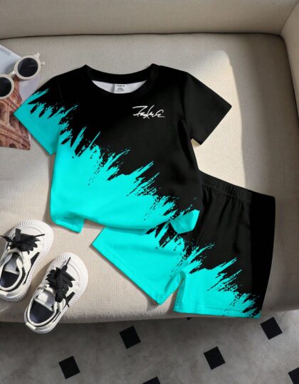 جديدPlayful Pals بلوزة قصيرة الأكمام بطبعة حرفية وألوان متدرجة مع قصير أحمر، طقم كاجوال للأطفال الصغار، صيفي