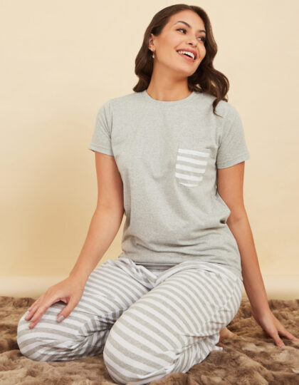 Styli Cotton Striped Pocket T-Shirt & Pyjama Set
